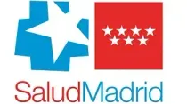 Logotipo de Salud Madrid, que presenta una cruz azul con una estrella blanca y un cuadrado rojo con siete estrellas blancas.