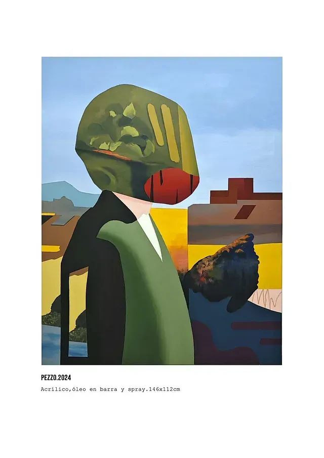 Una pintura de una persona con una máscara verde en la cabeza.