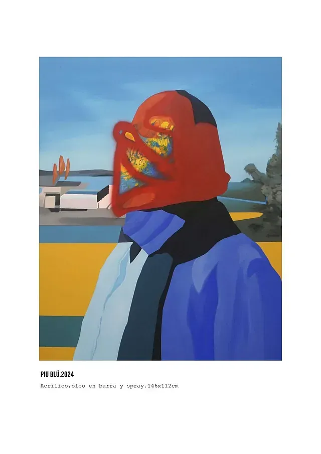 Una pintura de un hombre con una máscara roja en la cabeza.