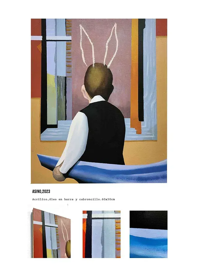 Una pintura de un niño con orejas de conejo mirando por una ventana.