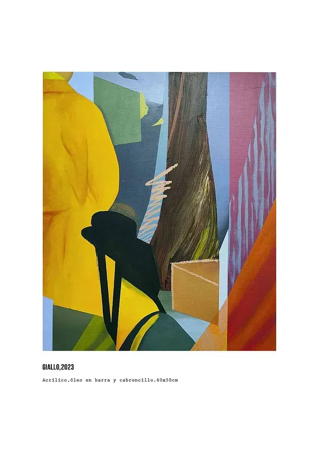Una pintura de un hombre con un abrigo amarillo de pie junto a un árbol.