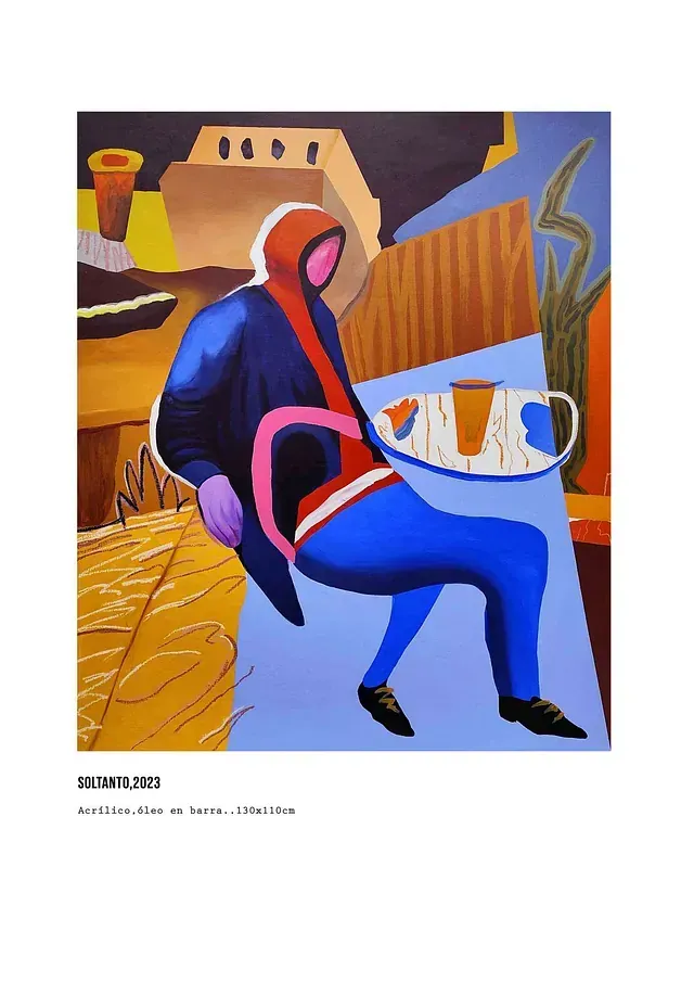 Una pintura de un hombre con una sudadera con capucha sosteniendo una taza de café.