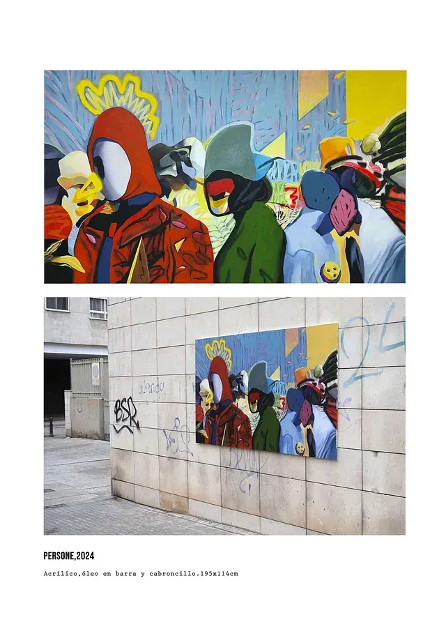 Una pintura de un grupo de personas paradas una al lado de la otra en una pared.
