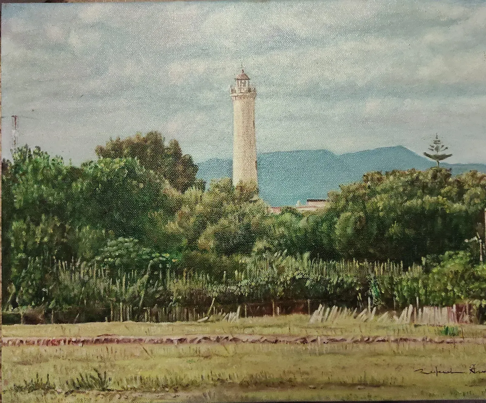 Una pintura de un faro en medio de un campo
