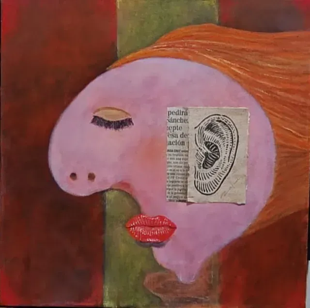 Una pintura del rostro de una mujer con la imagen de una oreja.