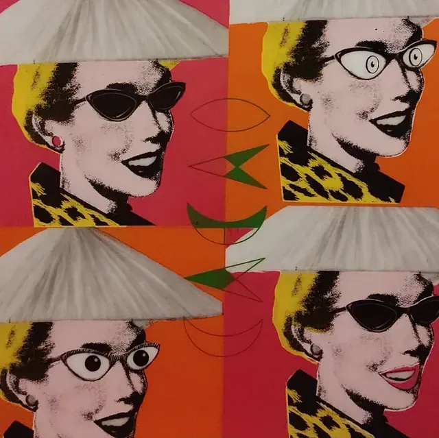 Cuatro retratos de una mujer con gafas de sol y sombrero.