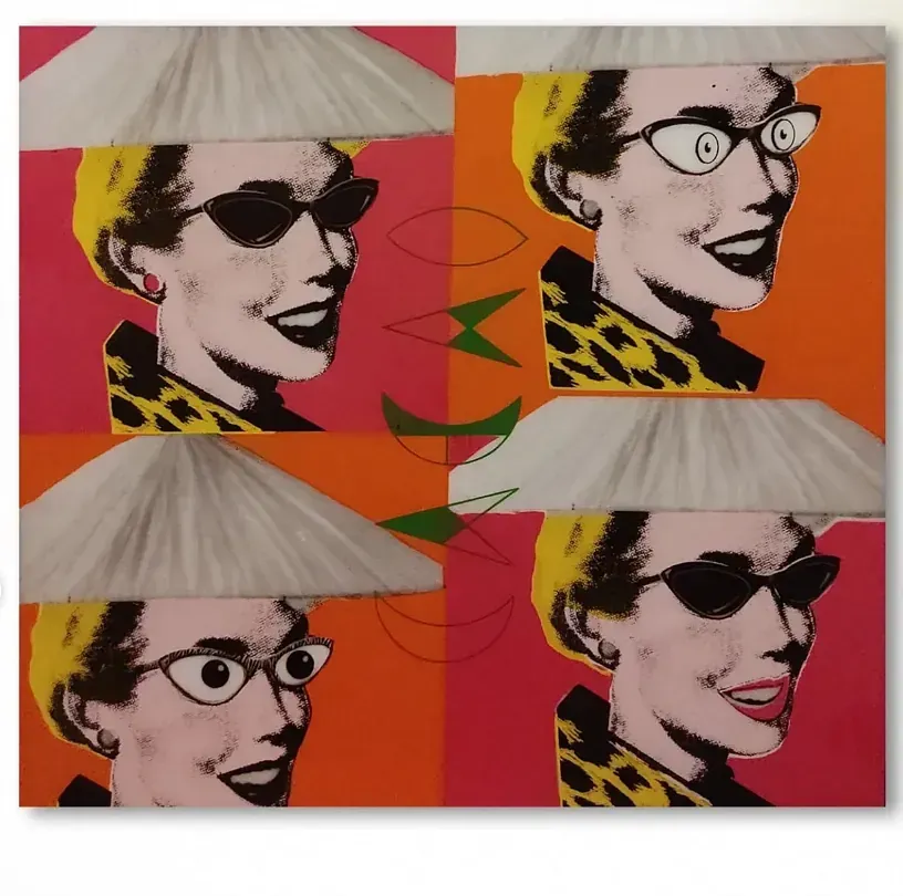 Un cuadro de una mujer con gafas de sol y sombrero.