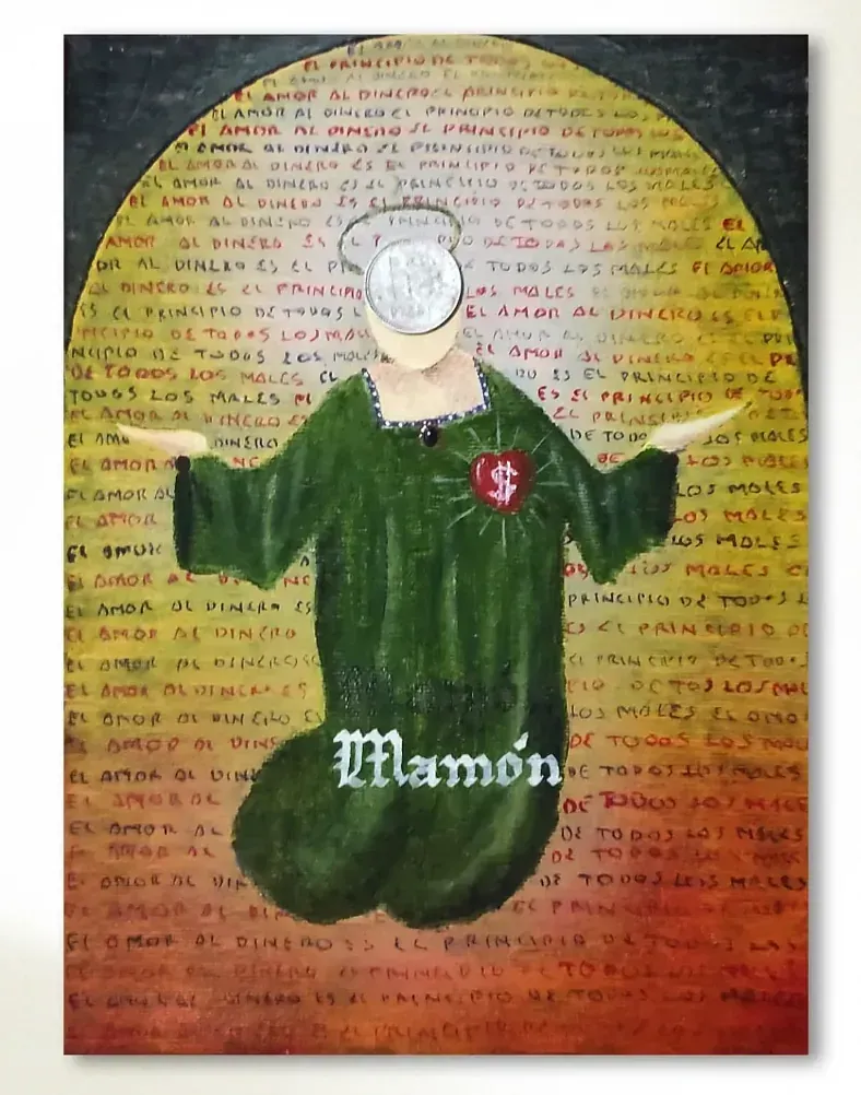 Una pintura de un hombre con el nombre mamón.