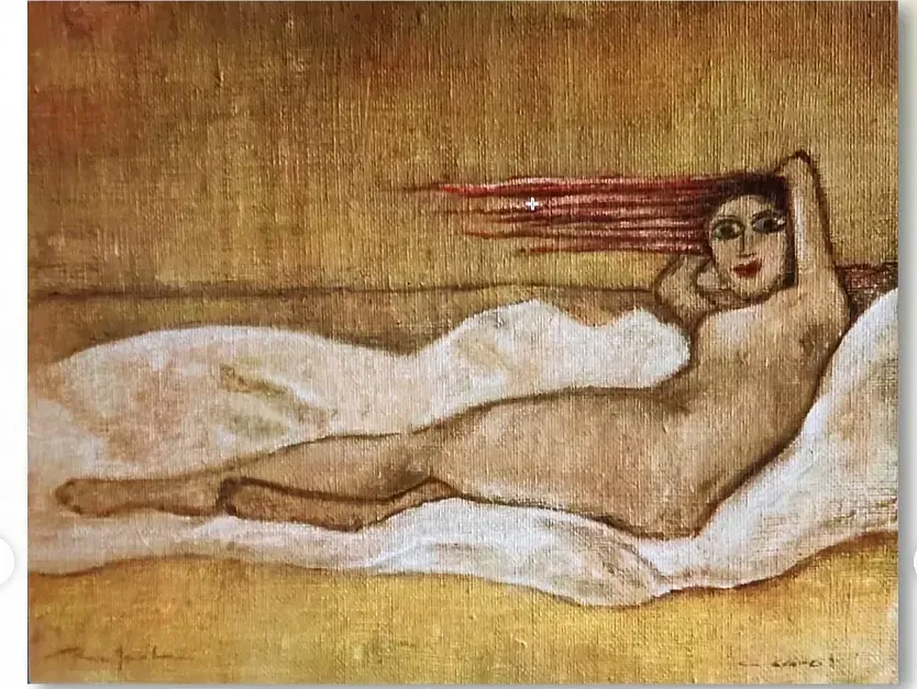 Un cuadro de una mujer acostada en una cama con el cabello ondeando al viento.