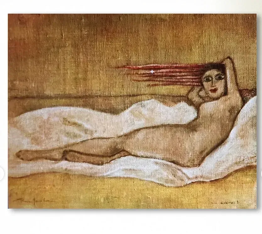 Una pintura de una mujer acostada en una cama con su cabello ondeando al viento.