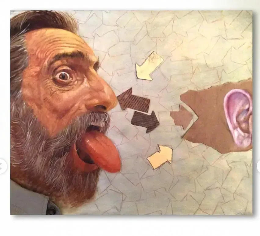 Un cuadro de un hombre con barba sacando la lengua.