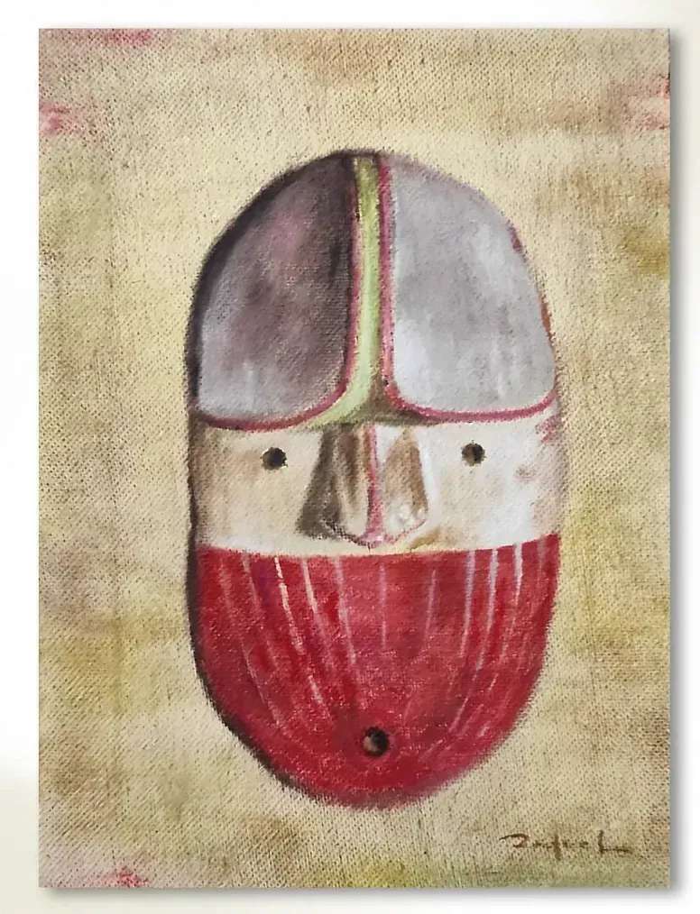 Una pintura de una máscara roja y blanca con un agujero en el medio.