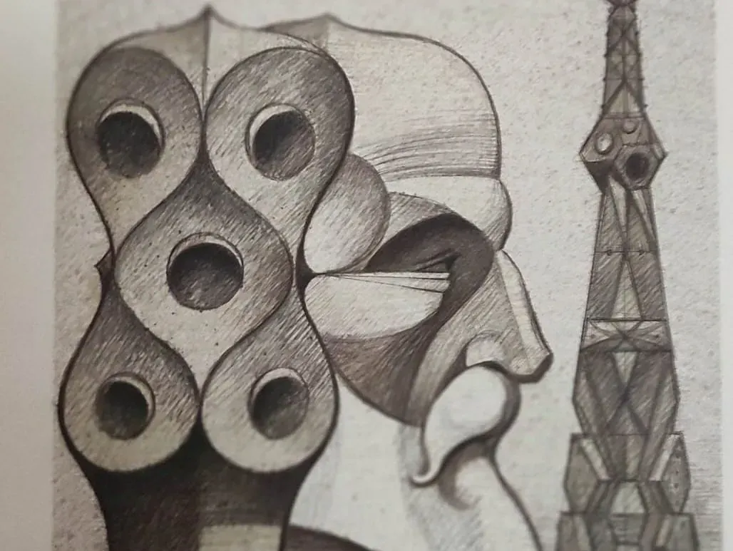 Un dibujo en blanco y negro de una cara y una torre.