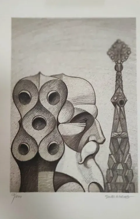 Un dibujo en blanco y negro de la cabeza de un hombre junto a una torre.