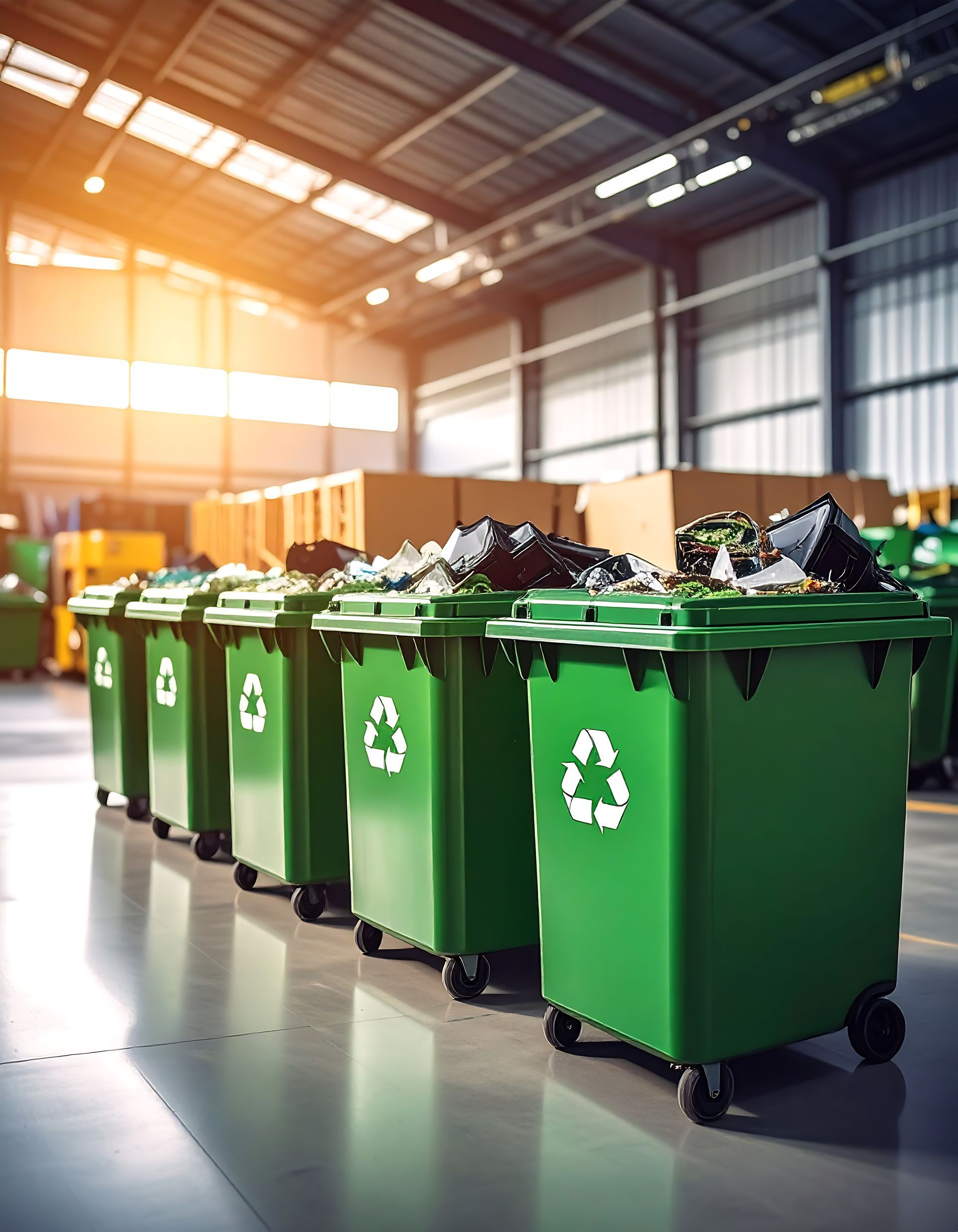 Une rangée de conteneurs de recyclage verts remplis de déchets à l'intérieur d'un entrepôt. La lumière du soleil y pénètre.