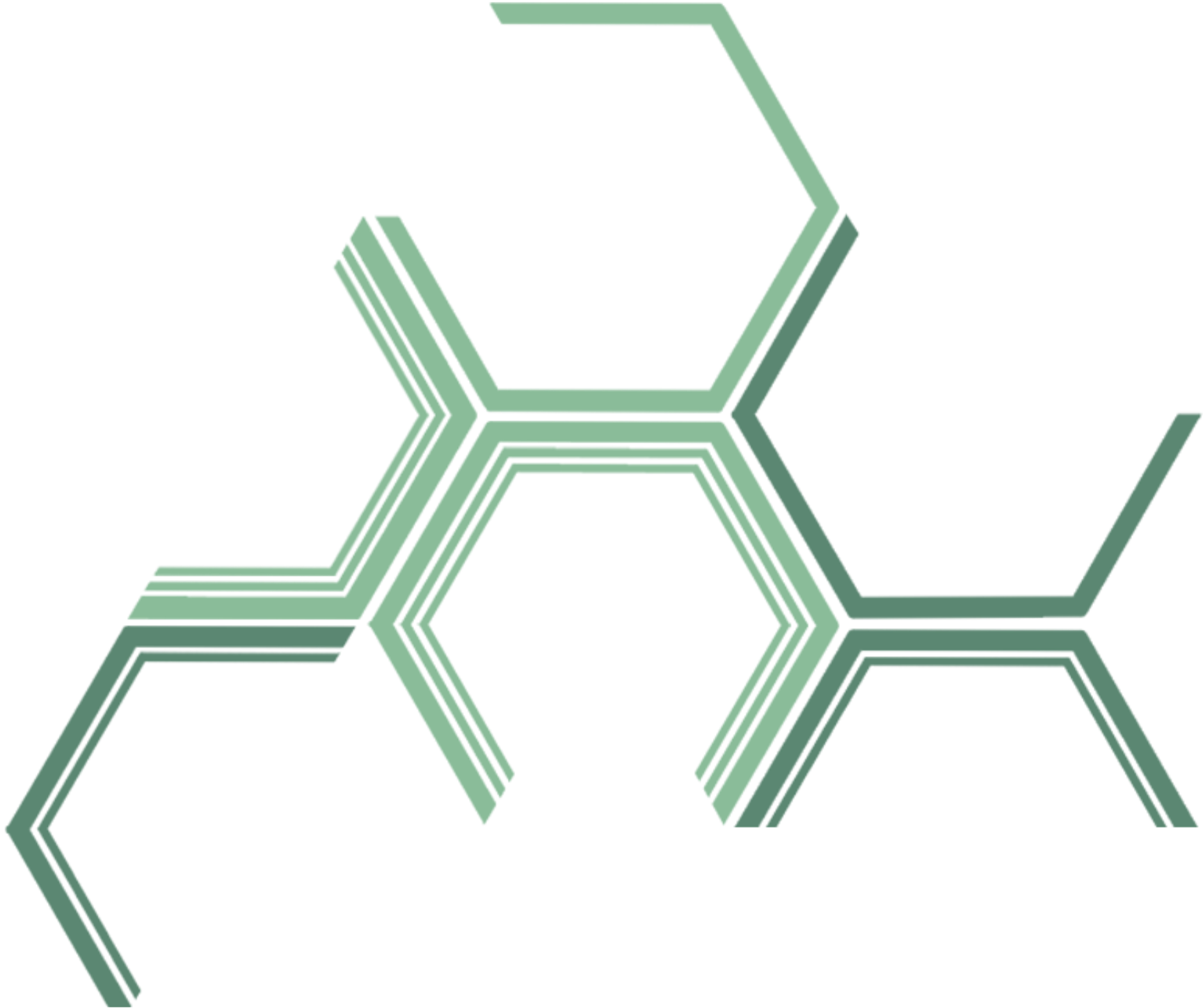 Groene, honingraatachtige geometrische vormen, gestapeld en gerangschikt tegen een witte achtergrond.