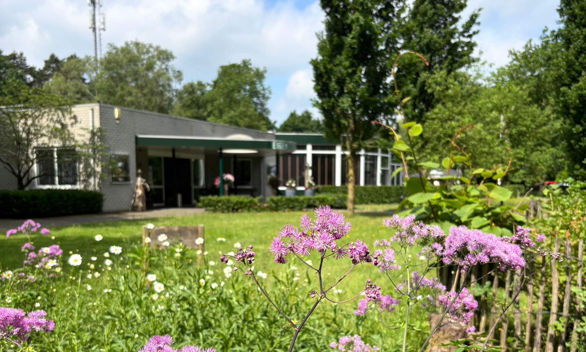 Een laag gebouw met een groene luifel, omgeven door bloemen en bomen, op een zonnige dag.