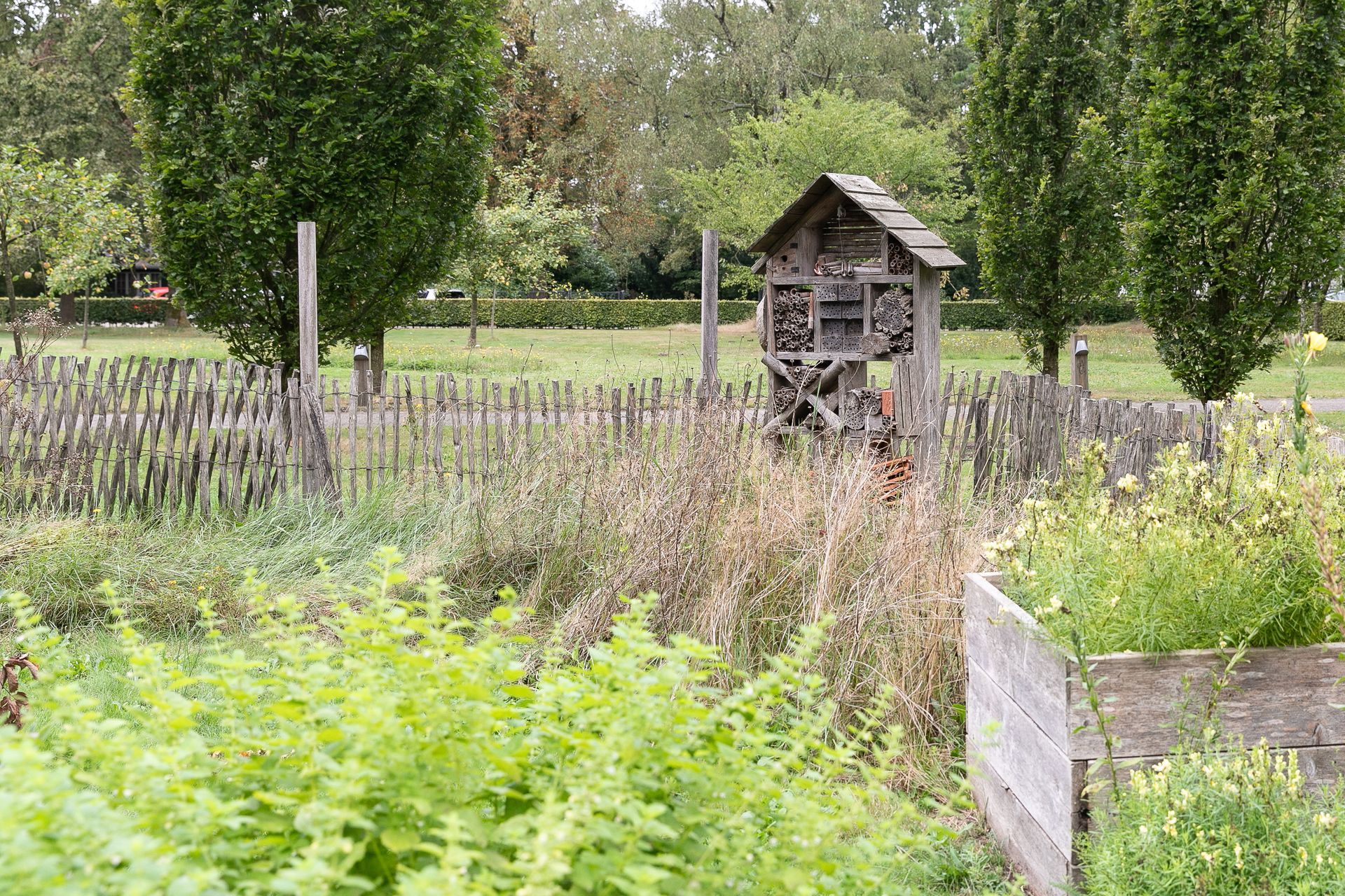 Houten insectenhotel in een tuin met planten, een schutting en bomen.