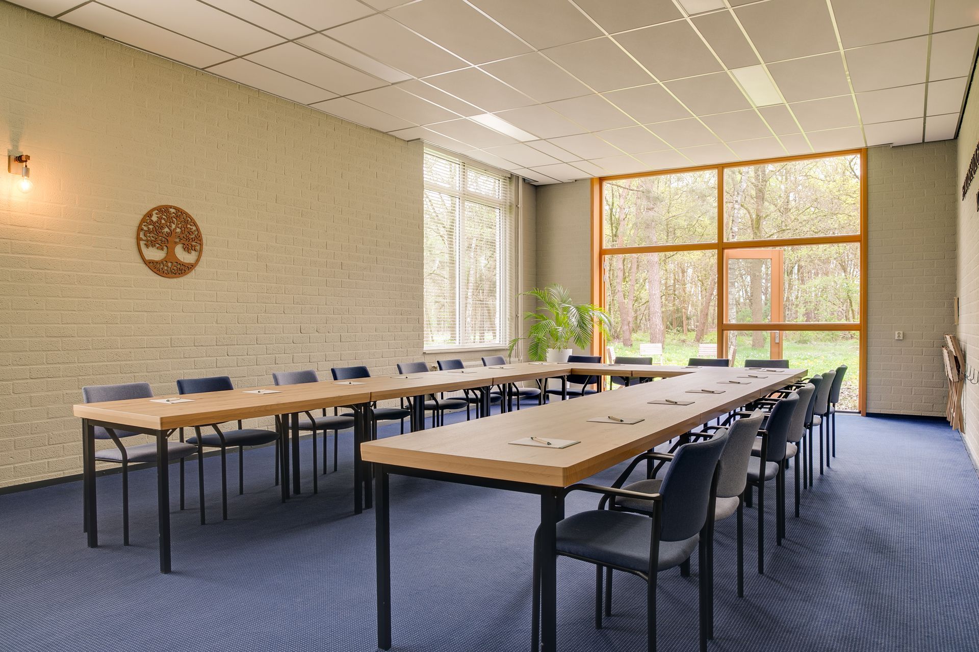 Vergaderruimte met U-vormige tafels, stoelen, ramen en blauw tapijt.