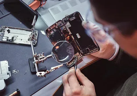 Un hombre está trabajando en un teléfono celular con una lupa.