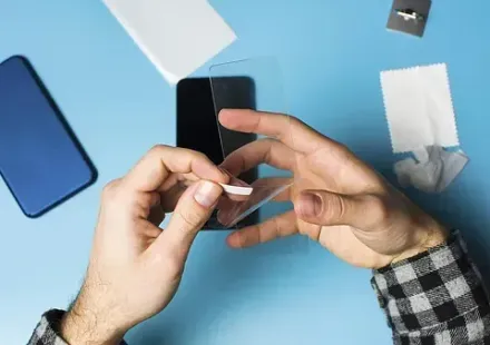 Una persona está colocando un protector de pantalla en un teléfono celular.