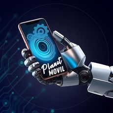 Un logotipo en blanco y negro para Planet Movil sobre un fondo blanco.