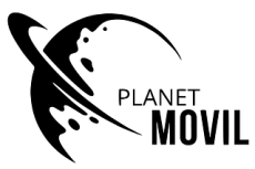 Un logotipo en blanco y negro para Planet Movil sobre un fondo blanco.