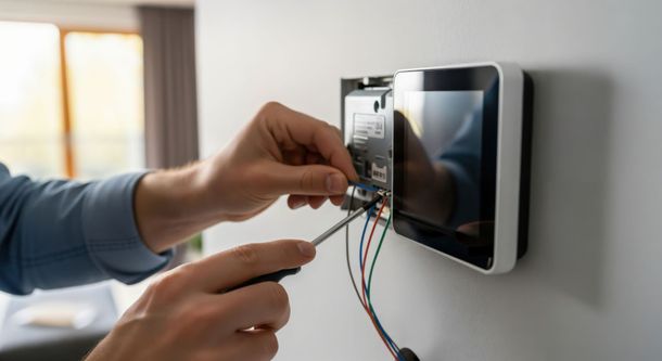 Une personne utilise un tournevis pour connecter des fils à un panneau de commande domotique mural.