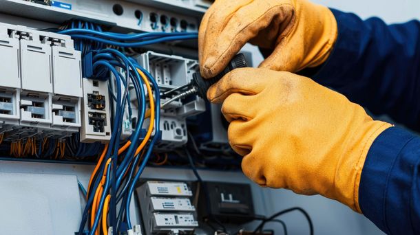 Deux mains gantées utilisent un tournevis pour travailler sur un panneau de commande électrique rempli de fils bleus.
