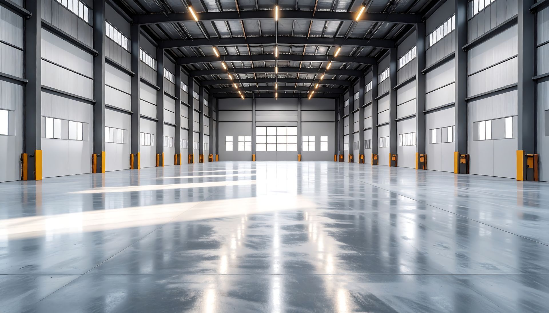 Un entrepôt industriel vide et spacieux, avec de hauts plafonds, des sols gris réfléchissants et un éclairage zénithal puissant.