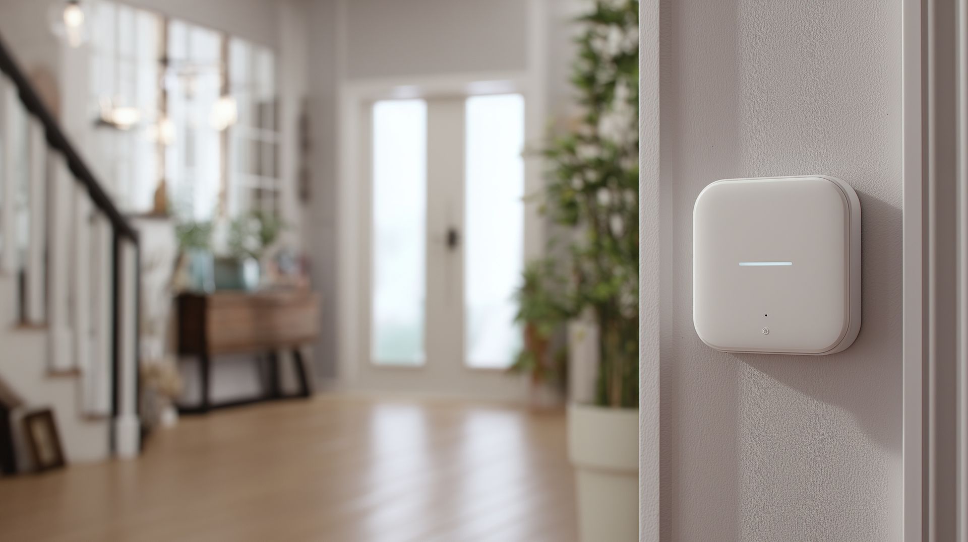 Un capteur intelligent blanc est fixé au mur d'une entrée lumineuse, avec un escalier et une porte flous en arrière-plan.