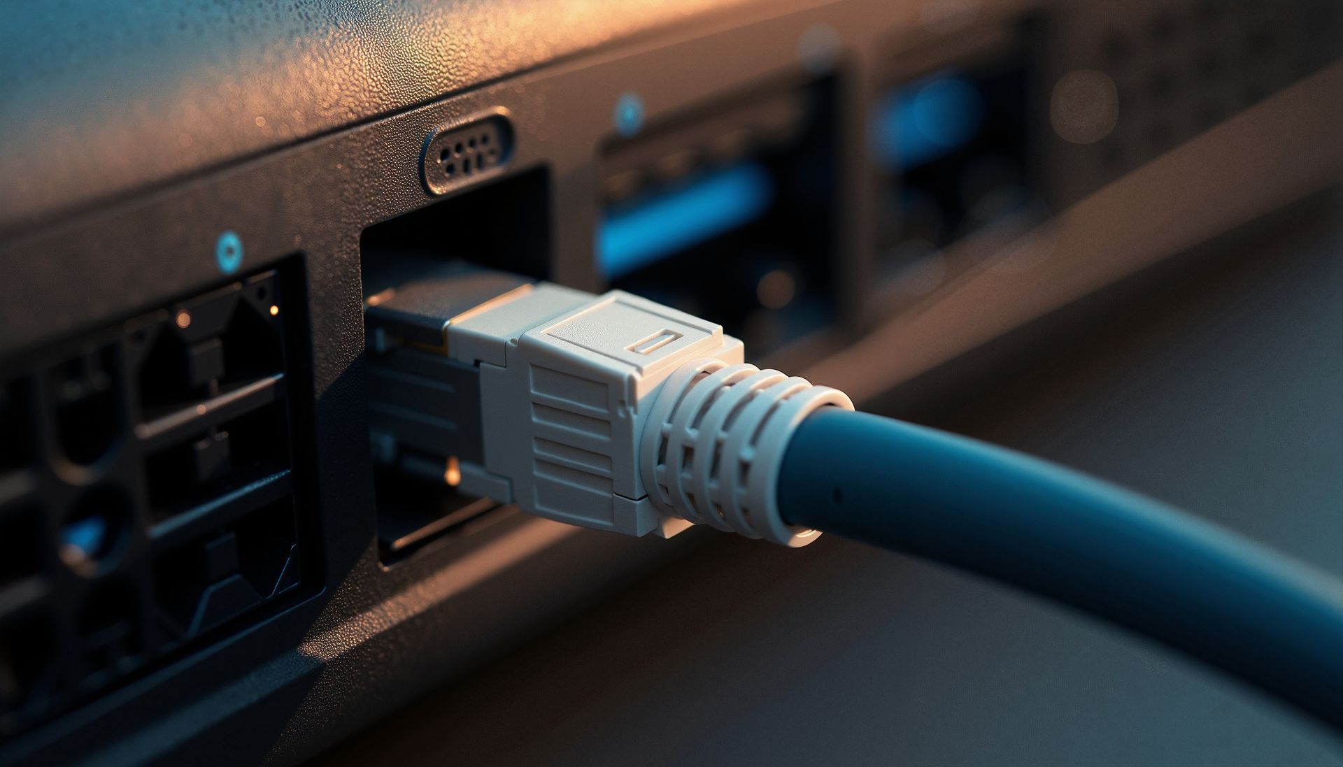 Un câble Ethernet bleu branché sur un port noir d'un routeur réseau.