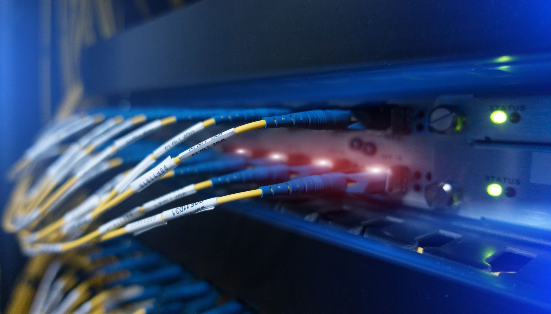 Des câbles à fibres optiques branchés sur une baie de serveurs réseau, avec des voyants lumineux allumés, dans une salle serveur obscure.