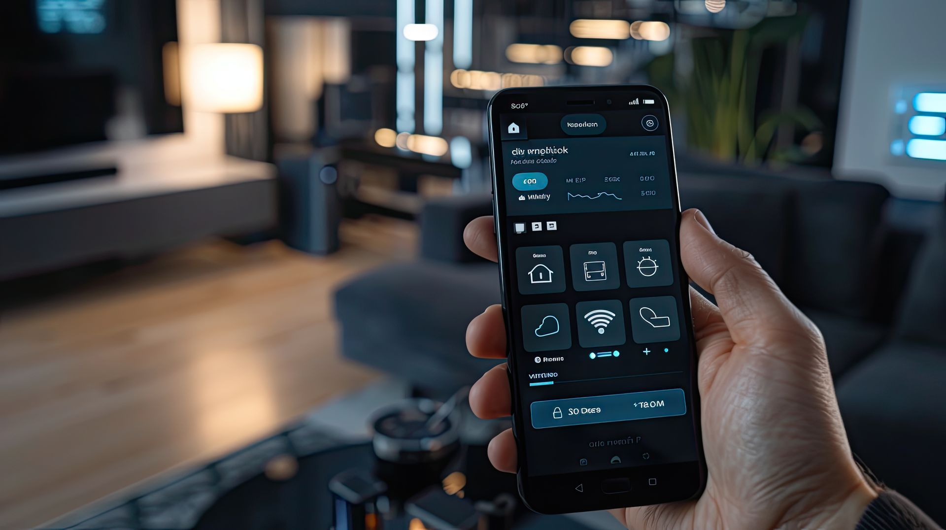 Une main tenant un smartphone affichant une application de contrôle de maison intelligente dans un décor de salon moderne et flou.
