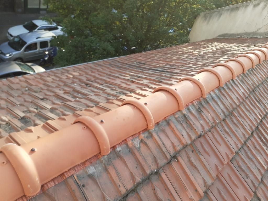 Tuiles faîtières en terre cuite, avec des arbres et des voitures stationnées en contrebas.