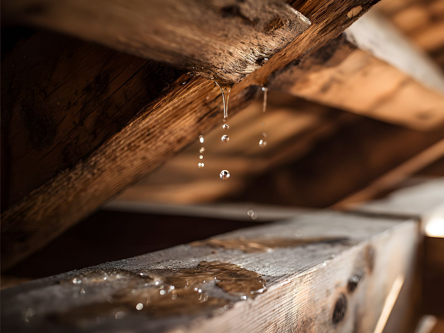 Des gouttes d'eau tombent sur une poutre en bois.