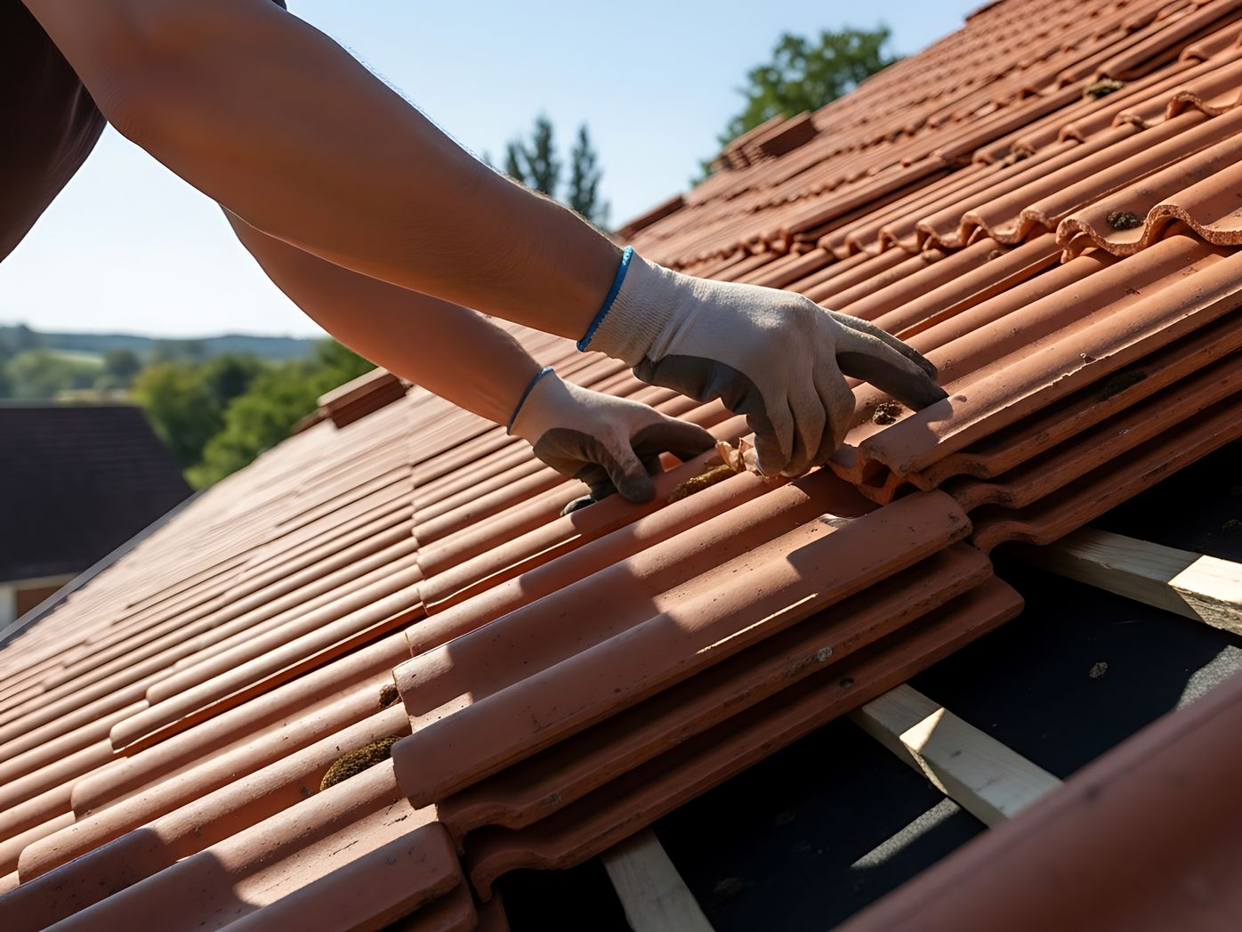 Des mains posent des tuiles en terre cuite sur un toit en pente en construction.