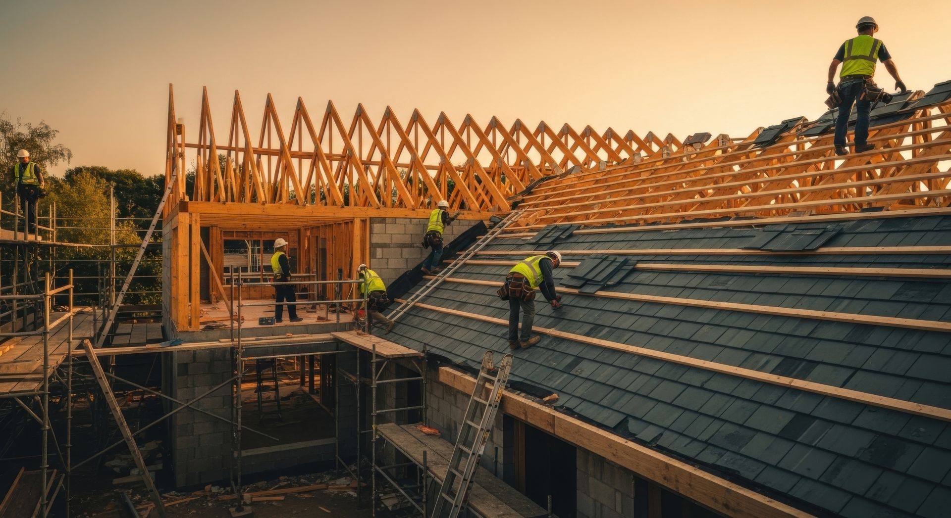 Des ouvriers du bâtiment installent des tuiles sur la charpente d'une maison au coucher du soleil.