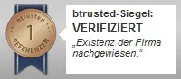 Btrusted seal badge with “VERIFIZIERT” and text “Existenz der Firma nachgewiesen.”