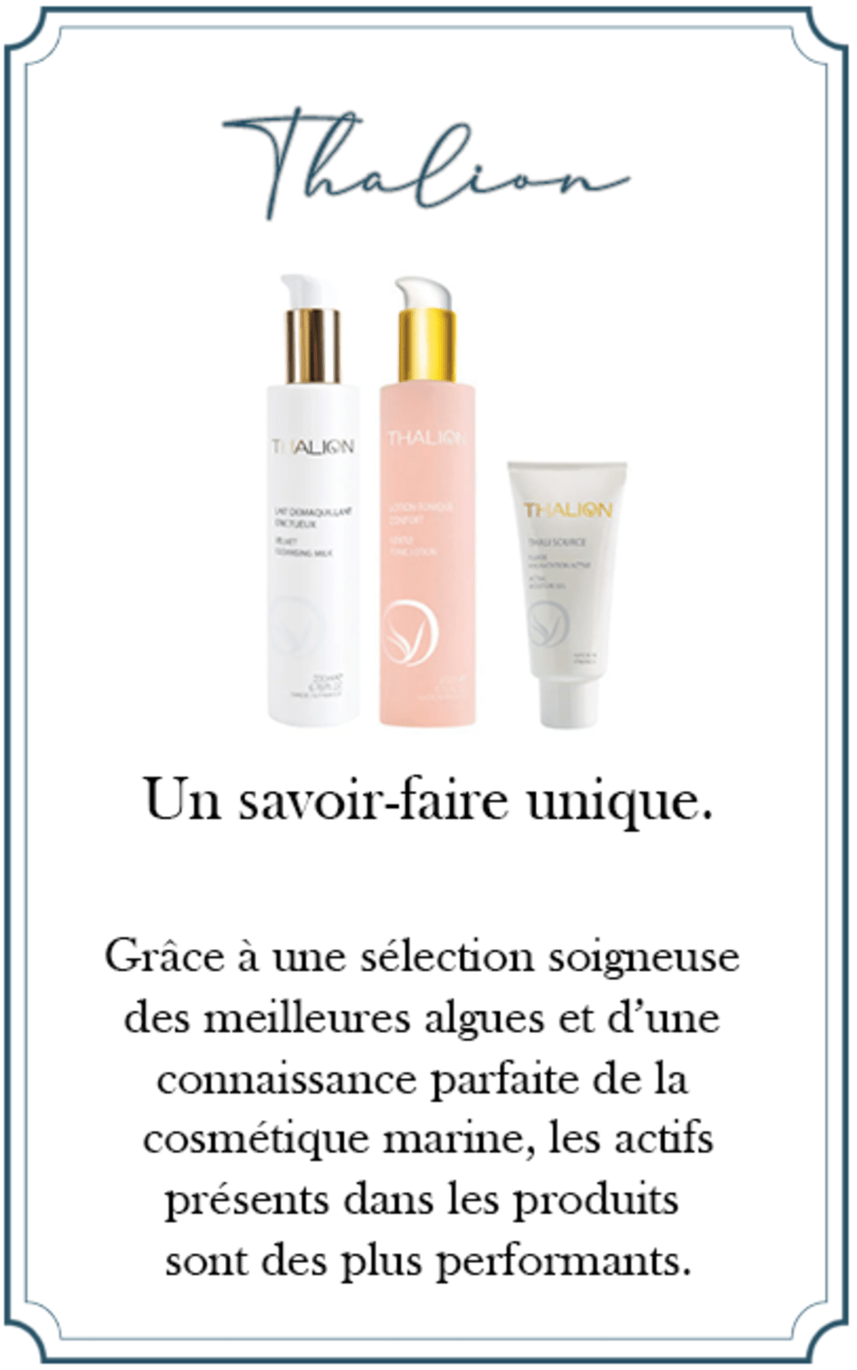 Une affiche avec trois bouteilles de cosmétiques et les mots un savoir-faire unique