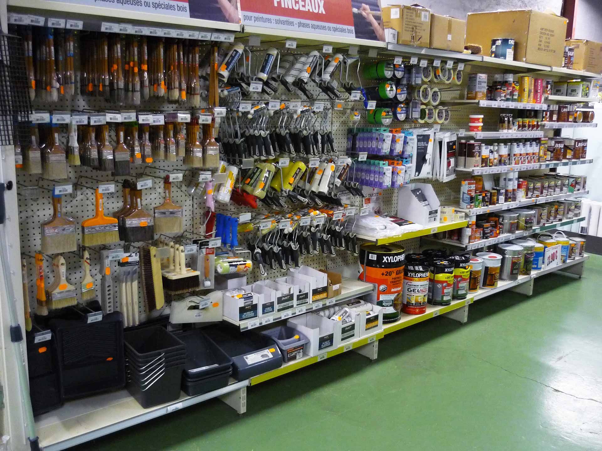 Allée de quincaillerie avec pinceaux, rouleaux et pots de peinture.