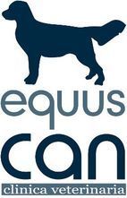 Un logotipo para equus can clinica veterinaria con la silueta de un perro.