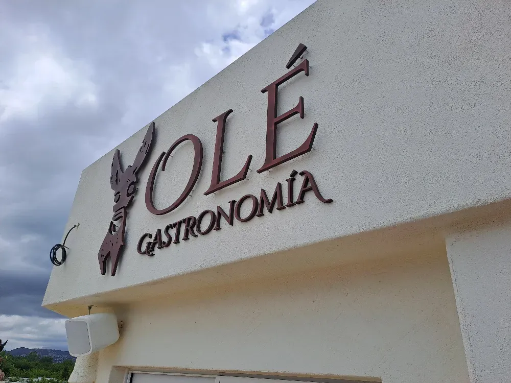 Letrero de Yolé Gastronomía: letras marrones sobre un edificio blanquecino con el logo de un conejito de dibujos animados. 