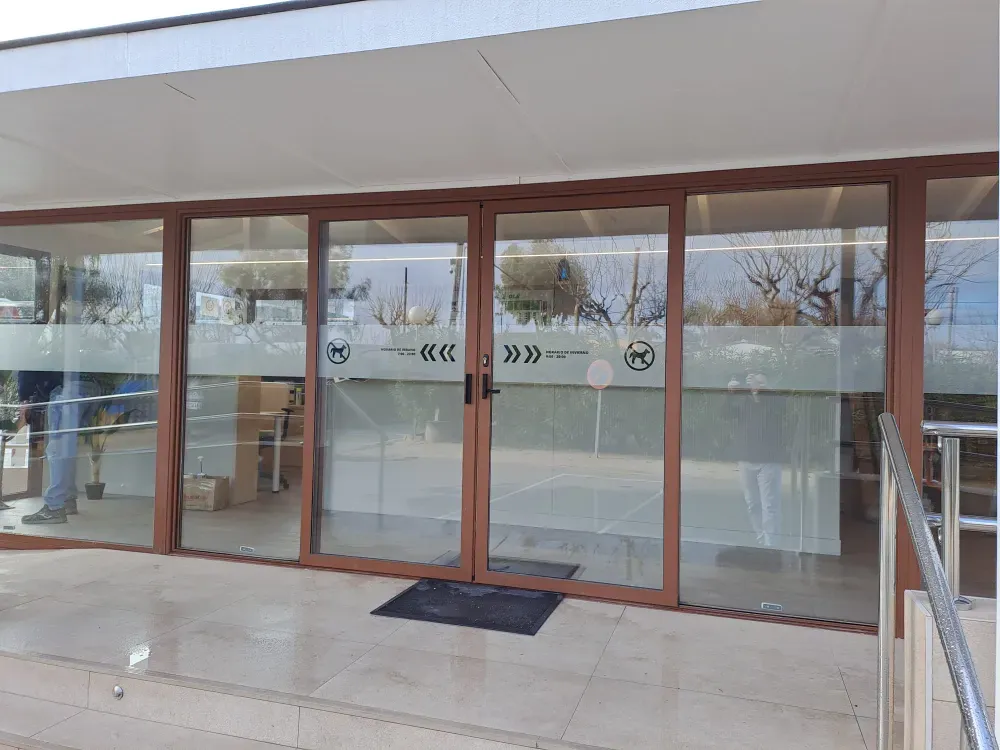 Puertas de vidrio con marcos marrones. El vidrio esmerilado tiene iconos. Felpudo negro en la entrada de azulejos.