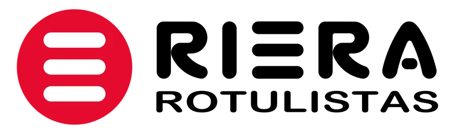 Logotipo para Riera Rotulistas, compuesto por un c&iacute;rculo rojo con tres l&iacute;neas horizontales y el texto &ldquo;RIERA ROTULISTAS"