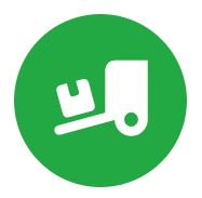 Un icono blanco de un camión y una caja en un círculo verde.