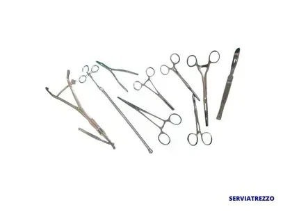 Un montón de tijeras y pinzas sobre un fondo blanco.