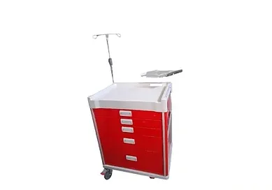 Un carrito médico rojo y blanco con un gotero encima.