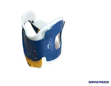 Un collarín azul y blanco sobre un fondo blanco.