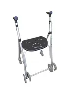 Un andador con asiento y ruedas sobre un fondo blanco.